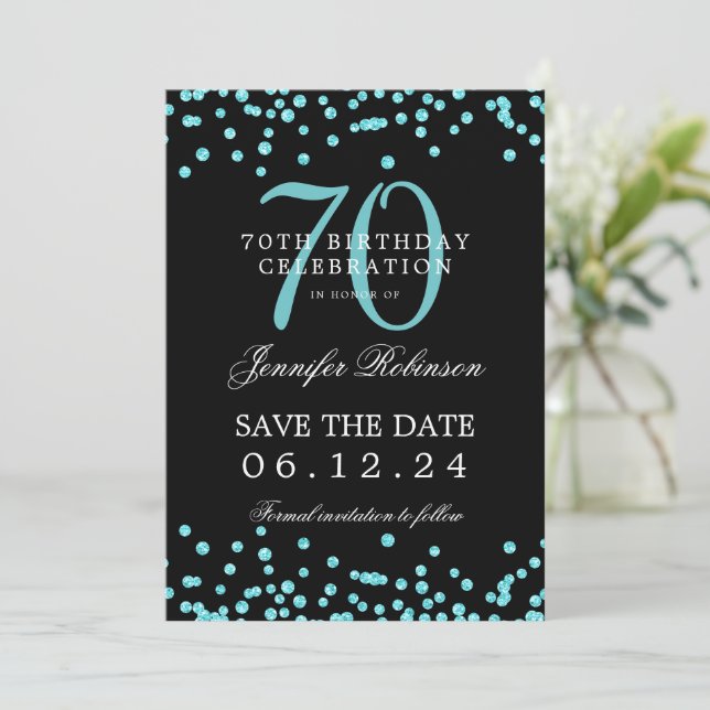 Teal 70th Birthday Save the Date Details Black  Invitation (Standing Front)