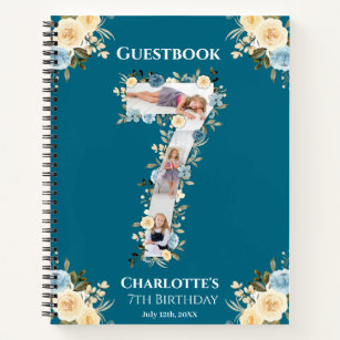 Teal 7th Birthday Photo Yellow Flower Guest Book