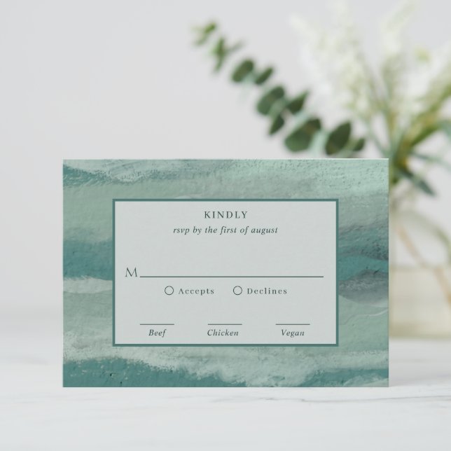 Teal Absract Coastal Chic Modern Wedding RSVP Card (Standing Front)