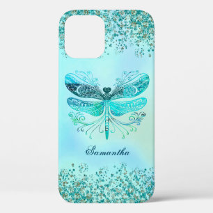 Teal Abstract Dragonfly Glittery iPhone 12 Case
