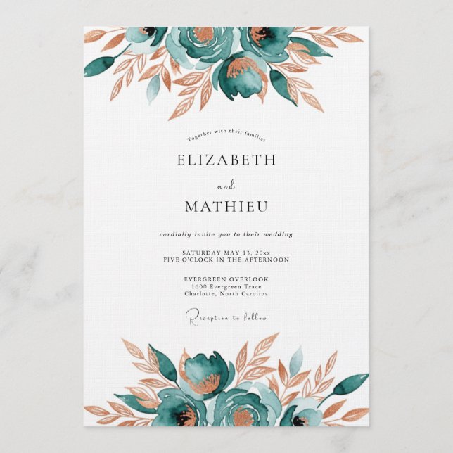 Teal Abstract Floral Romance Wedding Invitation (Front)