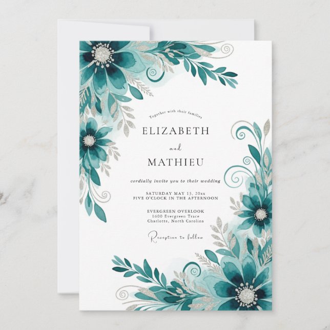 Teal Abstract Flourish Wedding Invitation (Front)