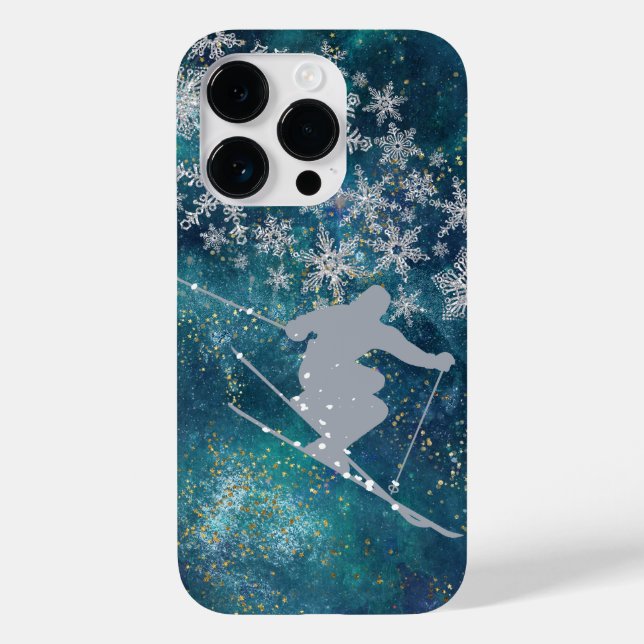 Teal Abstract Gold Starry Snow Skier Case-Mate iPhone Case (Back)