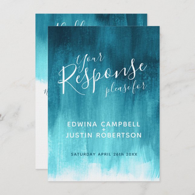 Teal abstract modern art wedding reply RSVP Invitation (Front/Back)