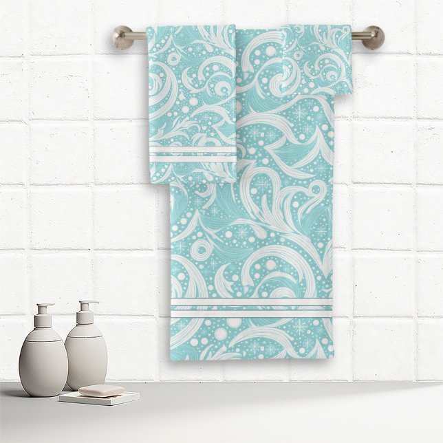 Teal Abstract Snowflake Pattern#10 ID1009 Bath Towel Set (Creator Uploaded)