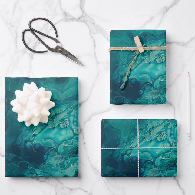 Teal Acrylic Pouring Abstract Fluid Art  Wrapping Paper Sheet (Front)