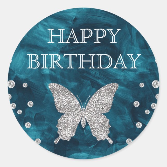 Teal Acrylic & Silver Glitter Butterfly Birthday Classic Round Sticker (Front)