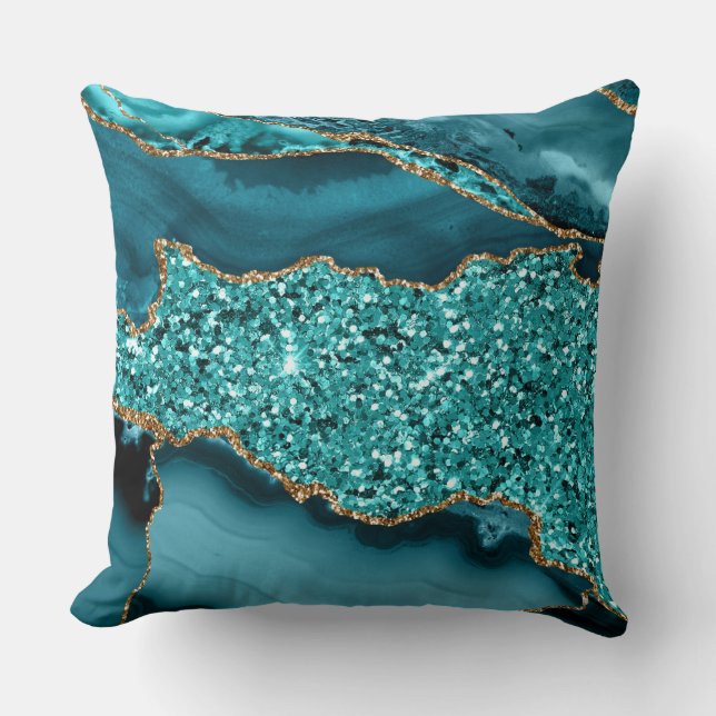 Teal Agate Geode Glitter Gold Abstract Design Cushion (Front)
