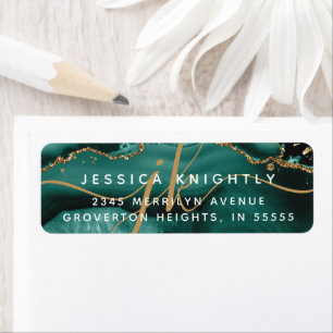 Teal Agate Geode Gold Glitter Script Monogram Return Address Label