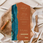 Teal Agate Gold Burnt Orange Wedding All In One Invitation<br><div class="desc">The left-hand edge of this elegant modern all-in-one wedding invitation and RSVP features a burgundy red watercolor agate border trimmed with faux gold glitter. The customisable text combines pale gold-coloured whimsical handwriting script, copperplate and italic fonts on a burnt orange background. The return address appears on the outside flap and...</div>
