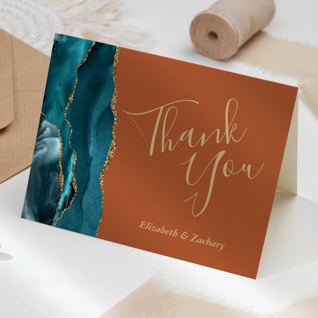 Teal Agate Gold Burnt Orange Wedding Thank You Card (Creator Uploaded)