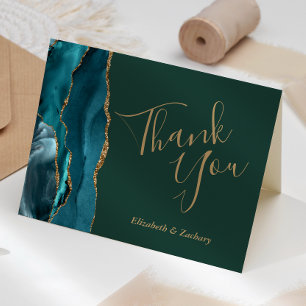Teal Agate Gold Emerald Green Wedding Thank You Card