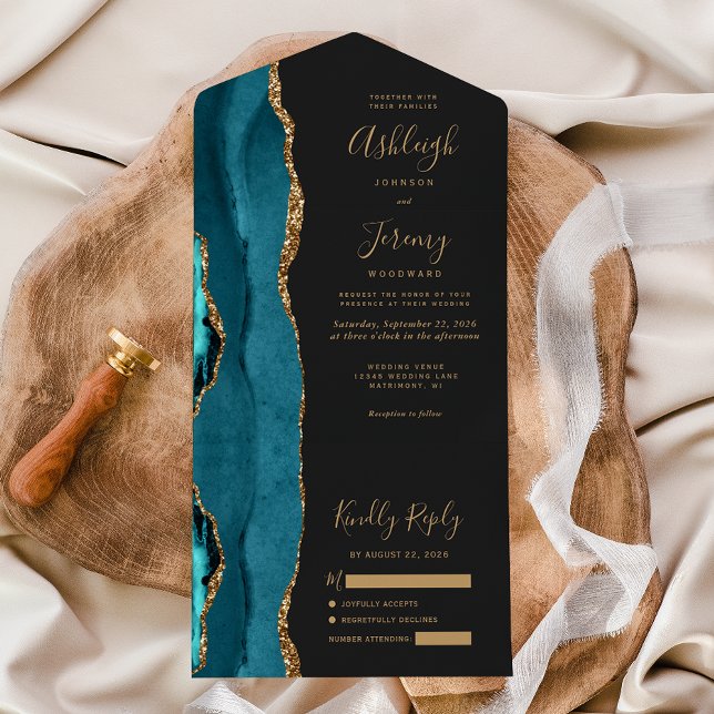Teal Agate Gold Glitter Dark Wedding All In One Invitation (Creator Uploaded)