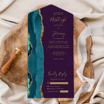 Teal Agate Gold Glitter Purple Wedding All In One Invitation<br><div class="desc">The left-hand edge of this elegant modern all-in-one wedding invitation and RSVP features a teal blue watercolor agate border trimmed with faux gold glitter. The customisable text combines gold-coloured whimsical handwriting script, copperplate and italic fonts on a purple background. The return address appears on the outside flap and the reverse...</div>