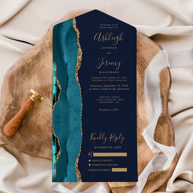 Teal Agate Gold Navy Blue Wedding All In One Invitation (Creator Uploaded)