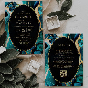 Teal Agate Gold Oval Frame QR Code Wedding Invitation