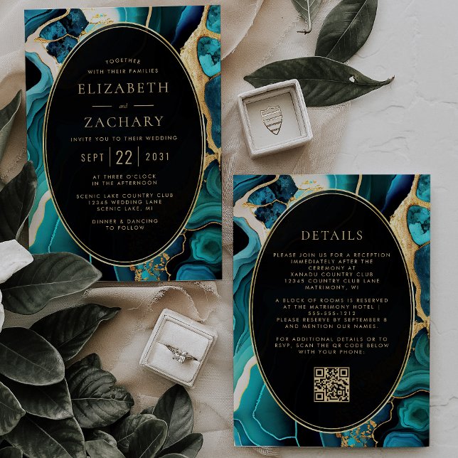 Teal Agate Gold Oval Frame QR Code Wedding Invitation (Creator Uploaded)