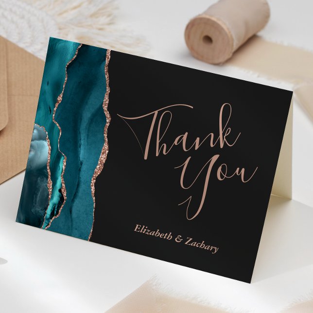Teal Agate Rose Gold Dark Wedding Thank You Card (Creator Uploaded)