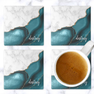 Teal Agate Signature White Marble Gold Stone Coaster