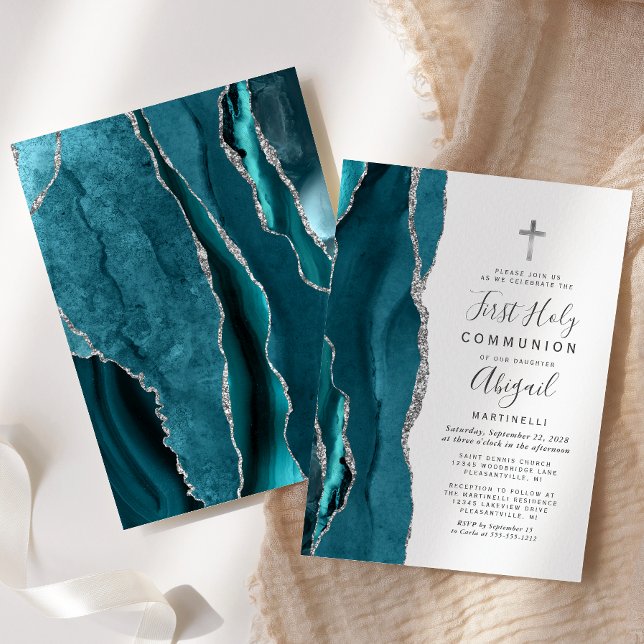  Teal Agate Silver Glitter First Holy Communion Invitation (Creator Uploaded)
