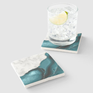 Teal Agate Silver Glitter White Faux Marble Stone Coaster