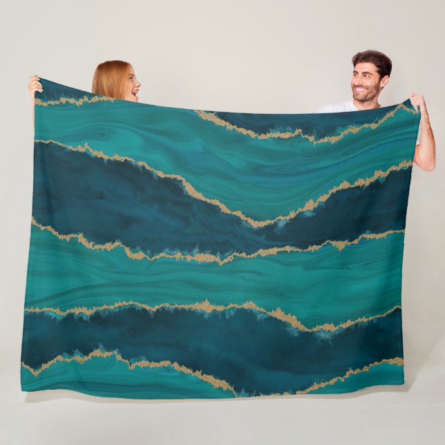 Teal Agate Waves – Abstract Marble with Gold Fleece Blanket (In Situ)