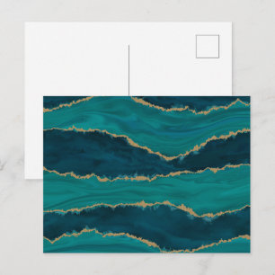 Teal Agate Waves – Abstract Marble with Gold Postcard