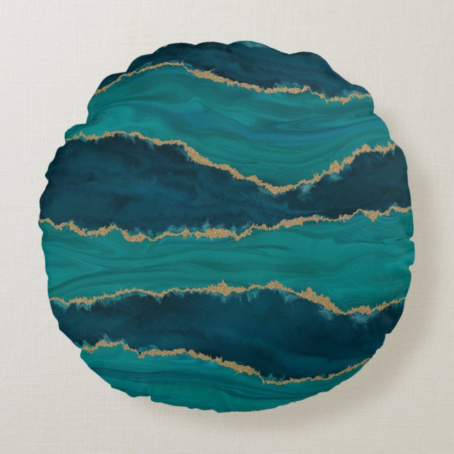 Teal Agate Waves – Abstract Marble with Gold Round Cushion (Front)