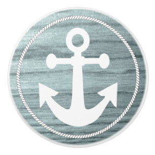 Teal Aged Wood with a Nautical Anchor Design Ceramic Knob