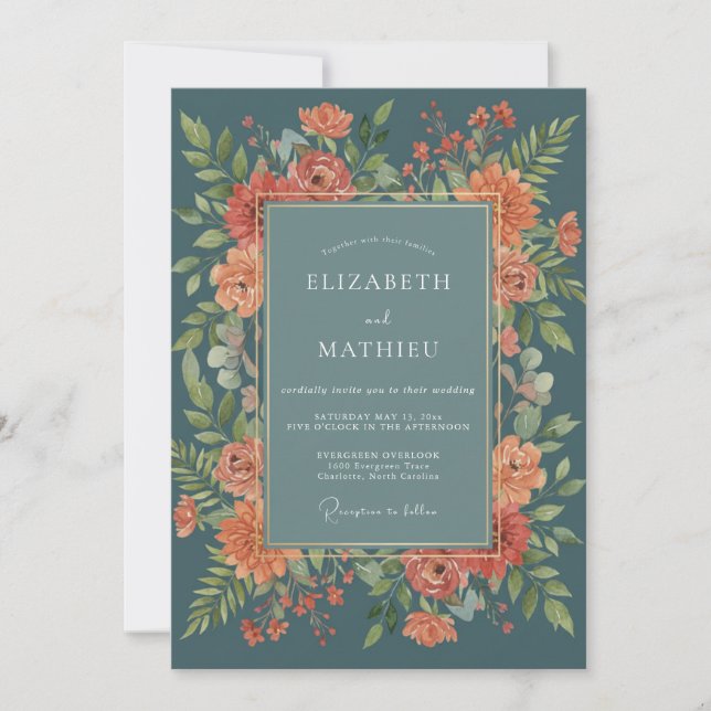 Teal Amber Blossom Romance Wedding Invitation (Front)