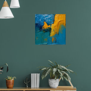 Teal & Amber Impasto Abstract Art Poster II Text