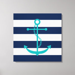 Teal Anchor on Blue Stripes Canvas Print