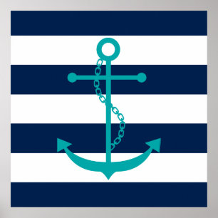 Teal Anchor on Blue Stripes Poster