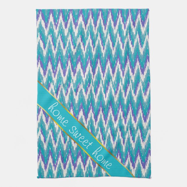 Teal and Amethyst iKat ZigZag pattern Tea Towel (Vertical)