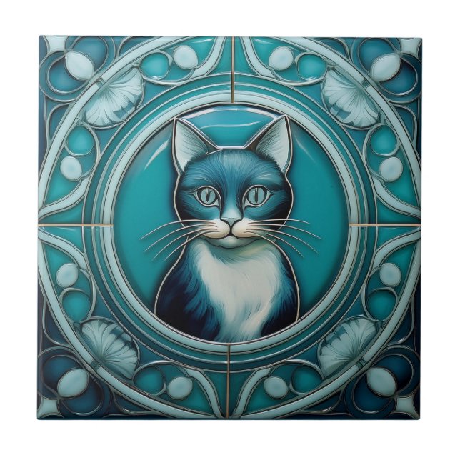 Teal and aqua blue faux relief Art Nouveau Cat Ceramic Tile (Front)