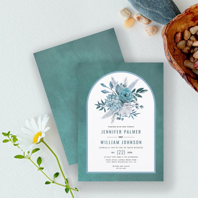 Teal and aqua blue flowers and arch wedding invitation (Creator Uploaded)