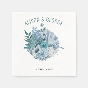 Teal and aqua blue flowers, palm leaf wedding napkin