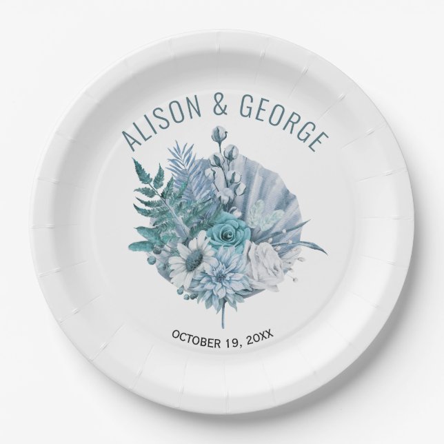 Teal and aqua blue flowers, palm leaf wedding paper plate (Front)