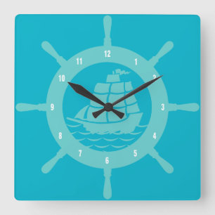Teal And Aqua Blue Nautical Boat Wheel Square Wall Clock