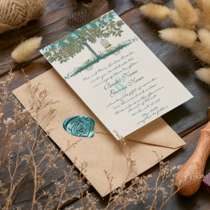 Teal and Aqua Bunting Tree Birdcage Wedding Invite