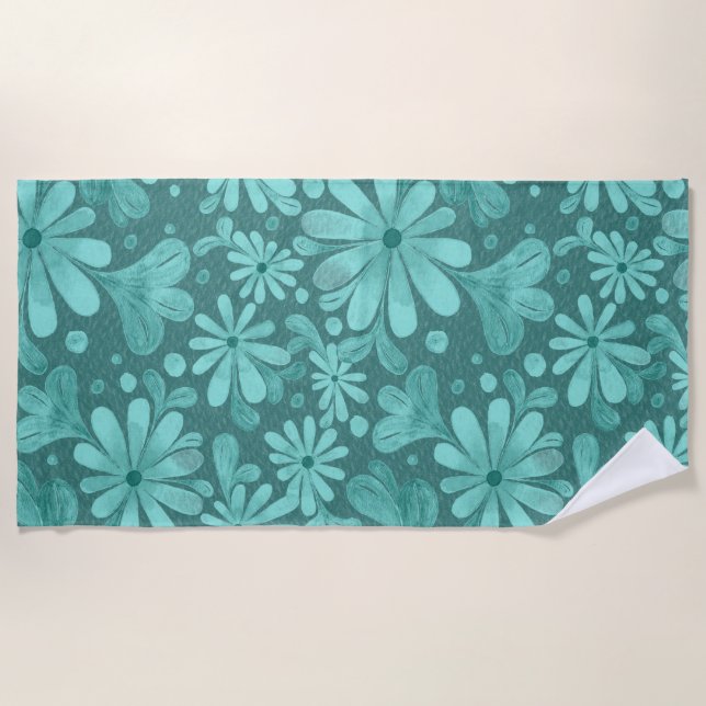 Teal and Aqua Floral Beach Towel (Front)