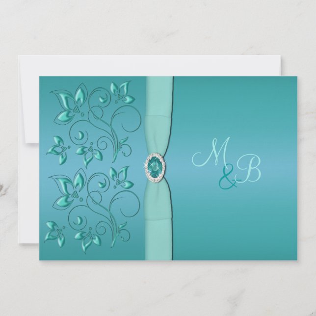 Teal and Aqua Floral Monogrammed Invitation (Front)