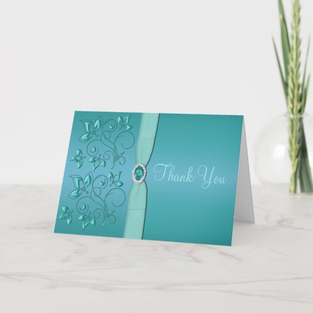 Teal and Aqua Floral Thank You Card (Front)