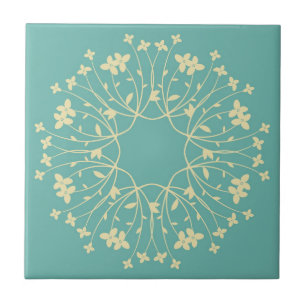Teal and Beige Elegant Flower Wreath Ceramic Tile
