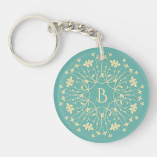 Teal and Beige Elegant Flower Wreath Monogram Key Ring
