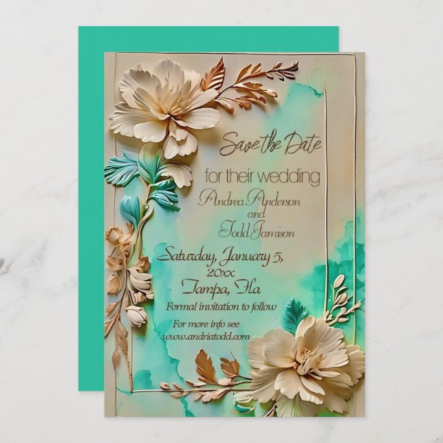 Teal and beige flower wedding  save the date (Front/Back)