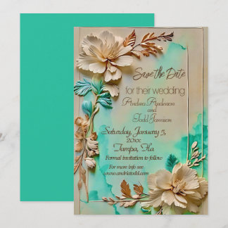 Teal and beige flower wedding save the date
