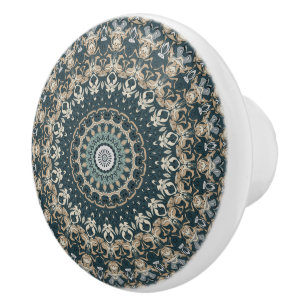 Teal and Beige Mandala Pattern Design Ceramic Knob