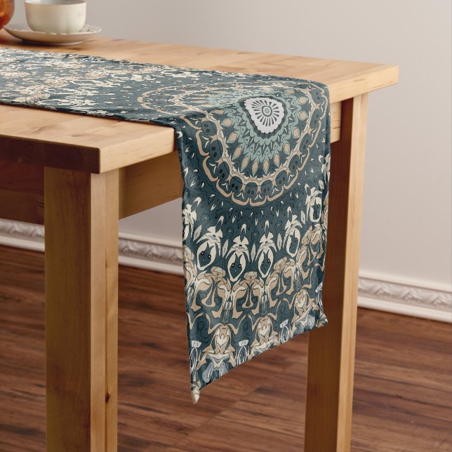 Teal and Beige Mandala Pattern Design Long Table Runner (In Situ)