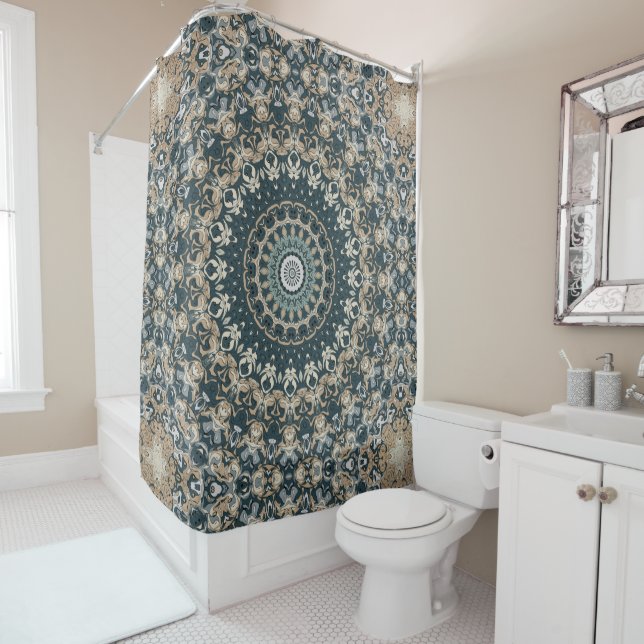 Teal and Beige Mandala Pattern Design Shower Curtain (In Situ)